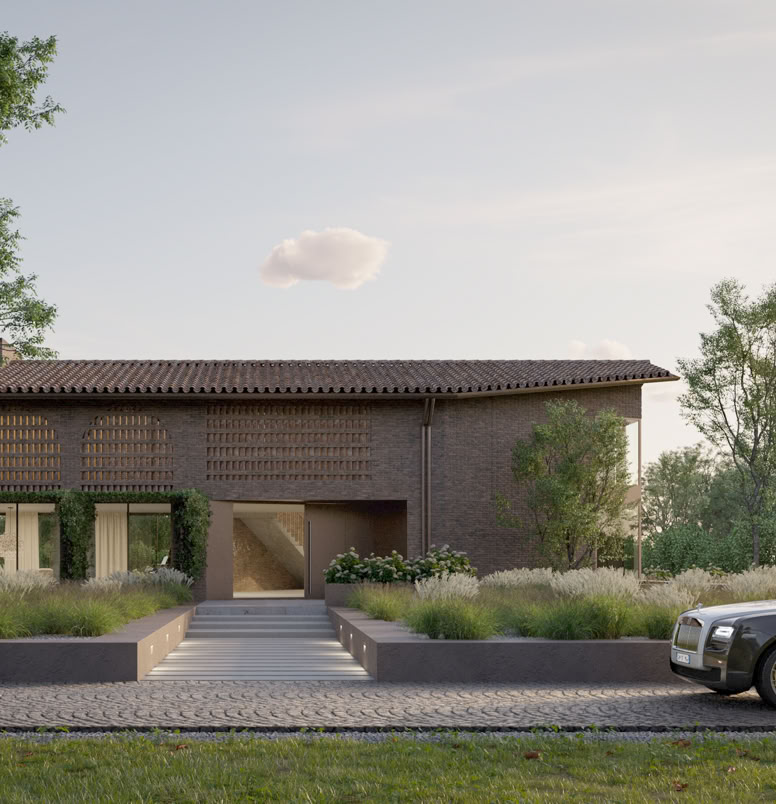 Villa contemporanea nelle campagne venete con vista lago privato. MIDE architetti reinterpreta il casolare rurale con portico, vetrate e design esclusivo.