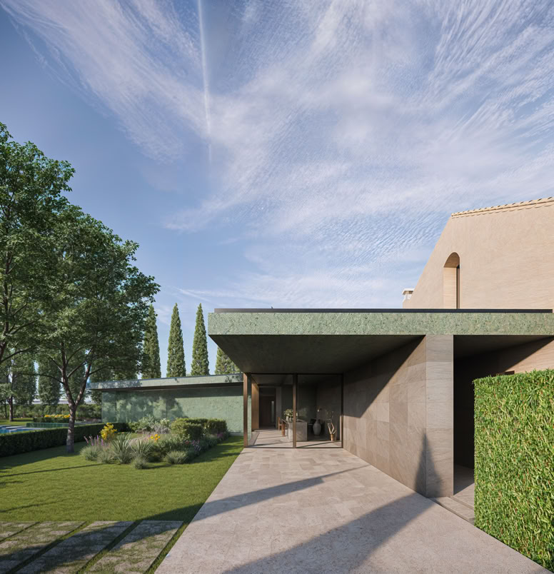 Gli edifici moderni destinati a Spa, area piscina e bike renting, caratterizzati da un linguaggio architettonico contemporaneo che rispetta la matericità storica dei fabbricati ottocenteschi.