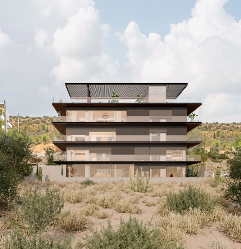 Vista sul retro della residenza contemporanea su 5 piani ad Atene, con grandi vetrate che inquadrano la vista panoramica sul mare.