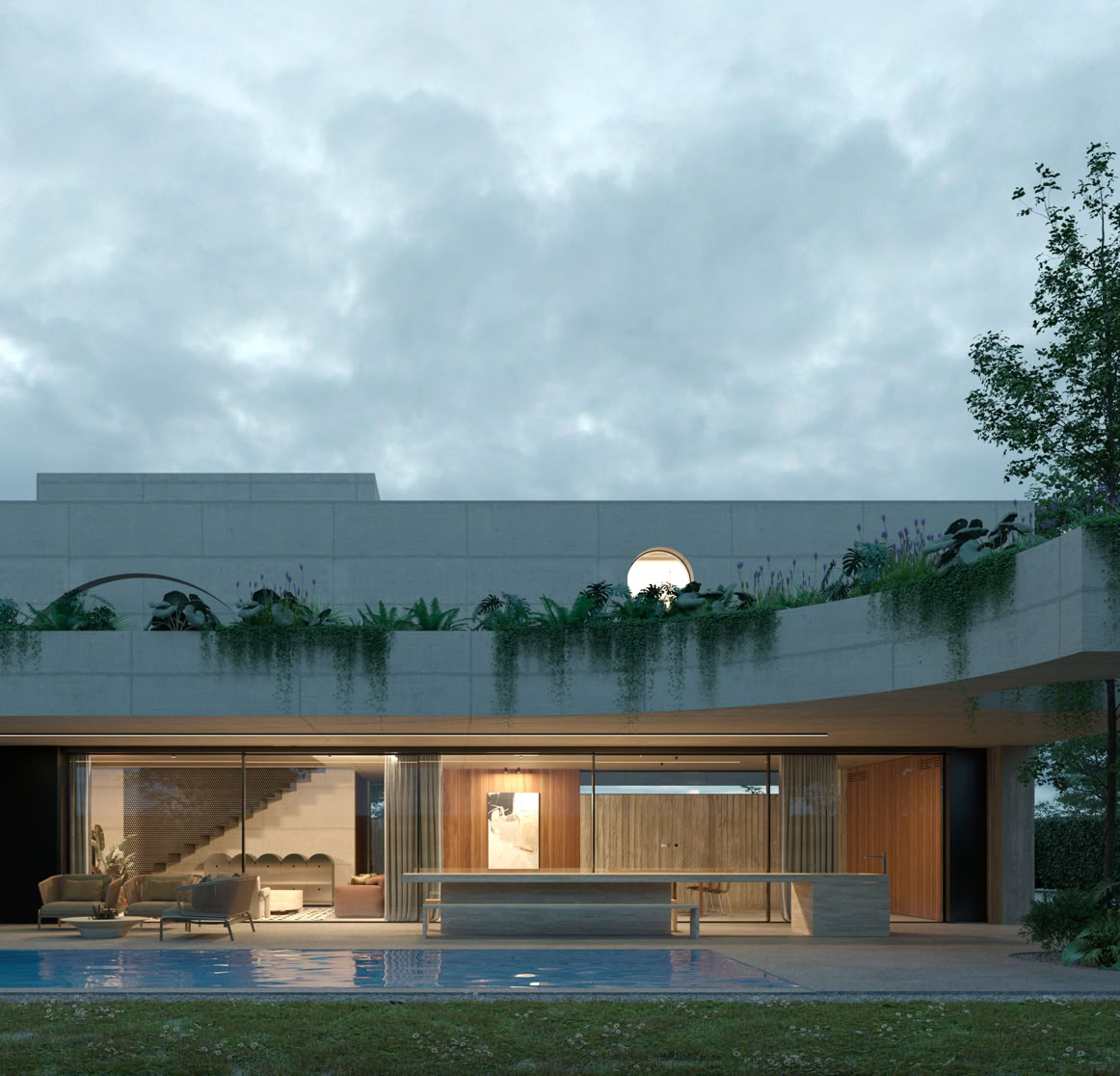 Residenza su tre livelli in calcestruzzo a vista, open space luminosi, arredi iconici e piscina. Progetto contemporaneo firmato MIDE architetti