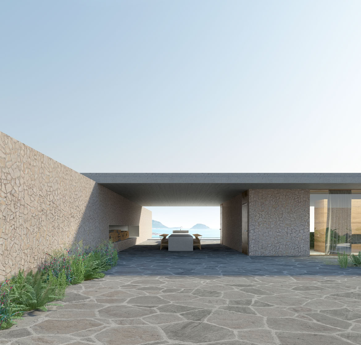 Vista frontale della villa contemporanea per le vacanze a Golfo Aranci, Sardegna, con grandi vetrate che inquadrano la vista panoramica sul mare.