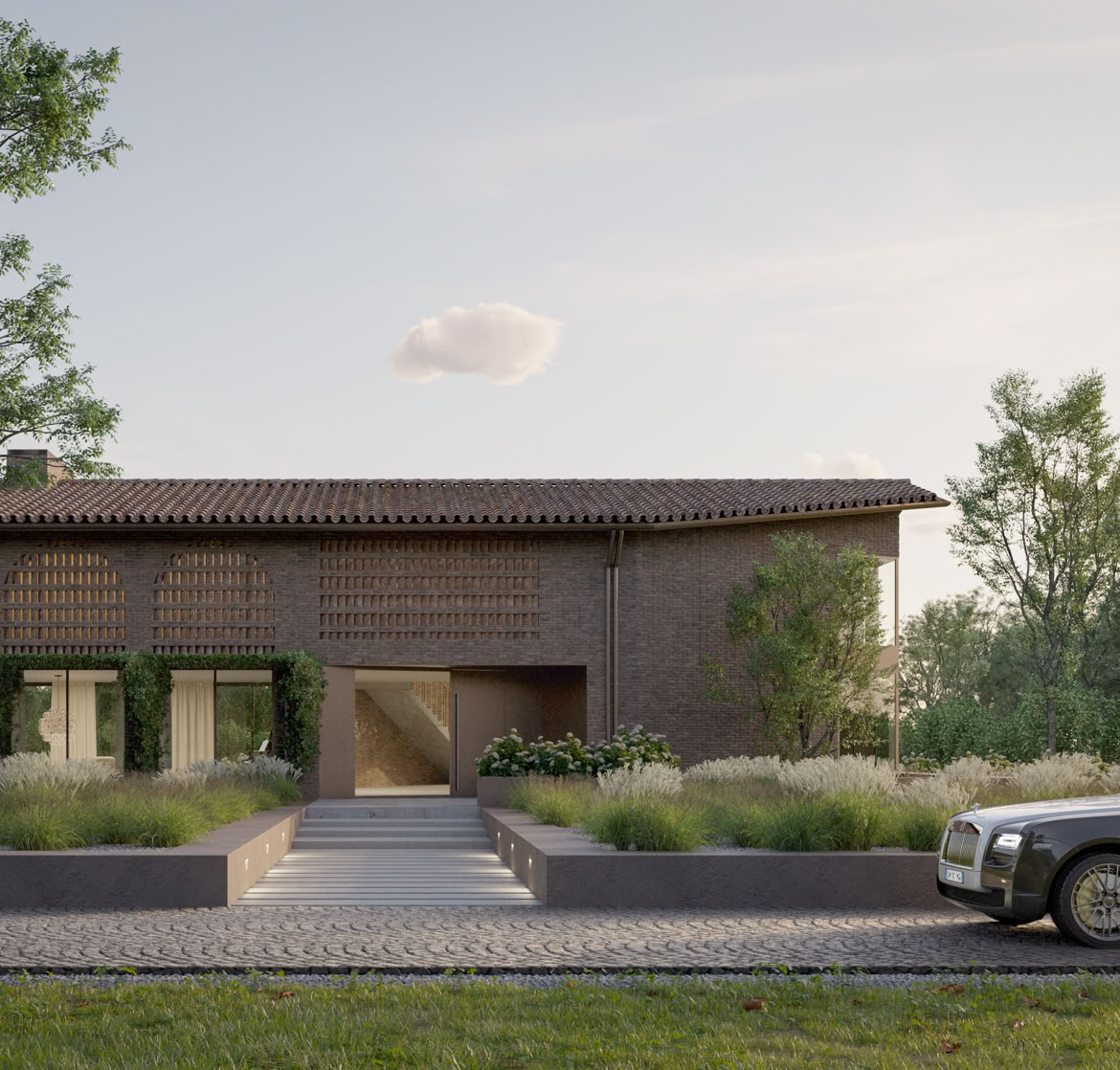 Facciata della villa contemporanea ispirata all’architettura rurale veneta.