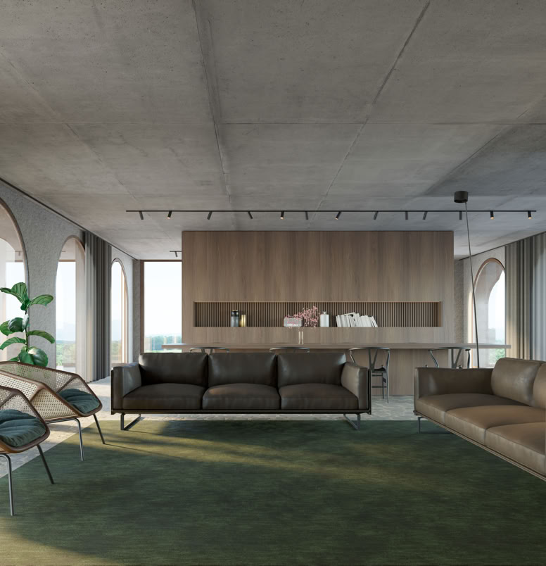 Zona giorno al piano terra con grandi aperture verso il giardino collinare con piscina a sfioro. un esempio di architettura contemporanea in armonia con il territorio.