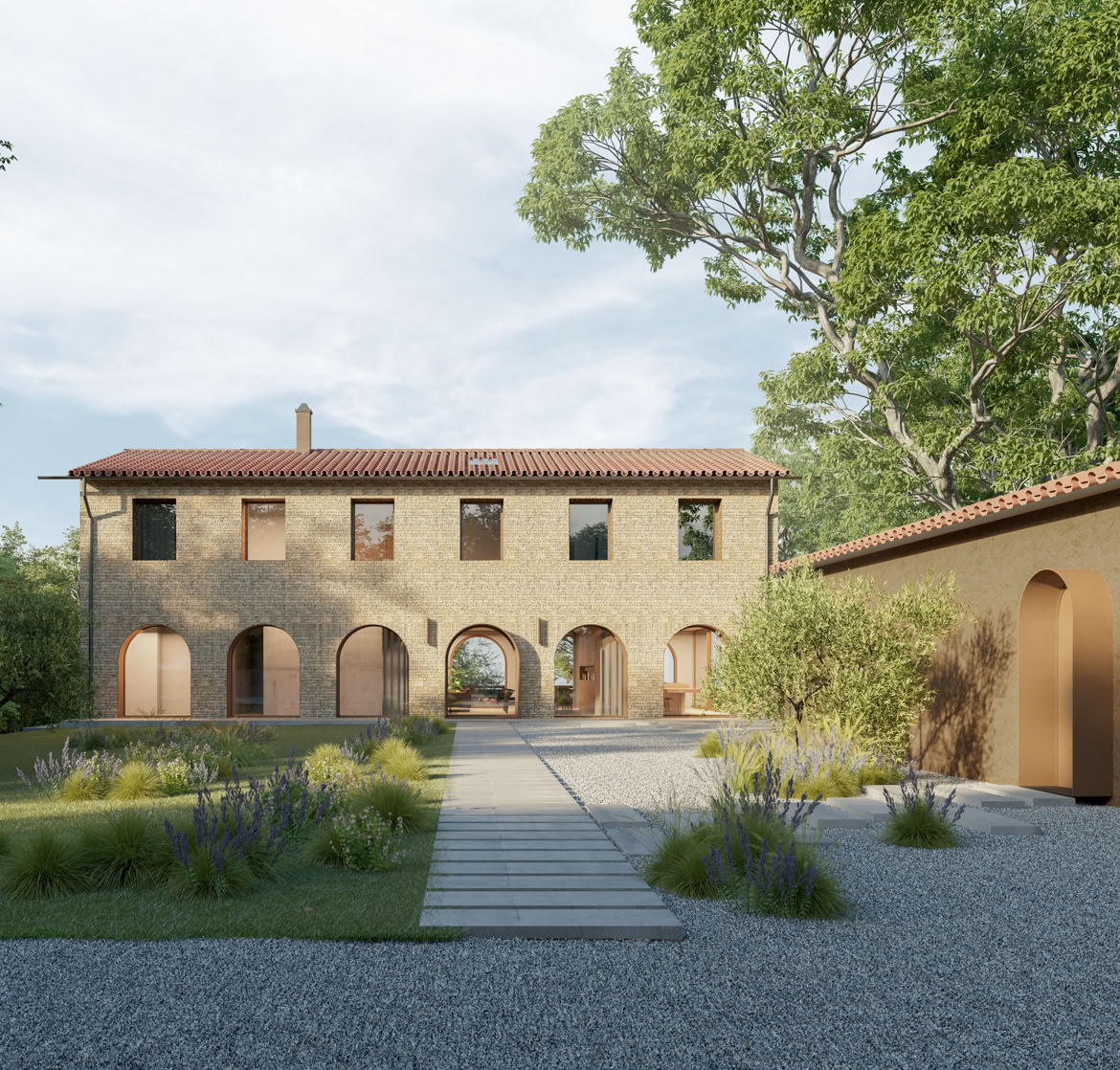 Architettura contemporanea in contesto rurale: restauro fedele e reinterpretazione tipologica. ngresso del casale in pietra con serramenti in metallo bronzato e finiture moderne.