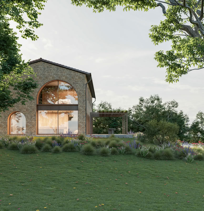 Un residenza contemporanea progettata da MIDE architetti tra le colline della romagna con piscina e ampie verate ad arco.