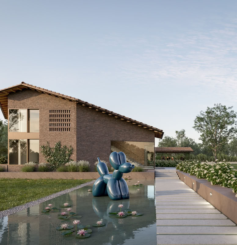 Ampie vetrate con vista sul lago privato, che ampliano lo spazio interno verso l’esterno.