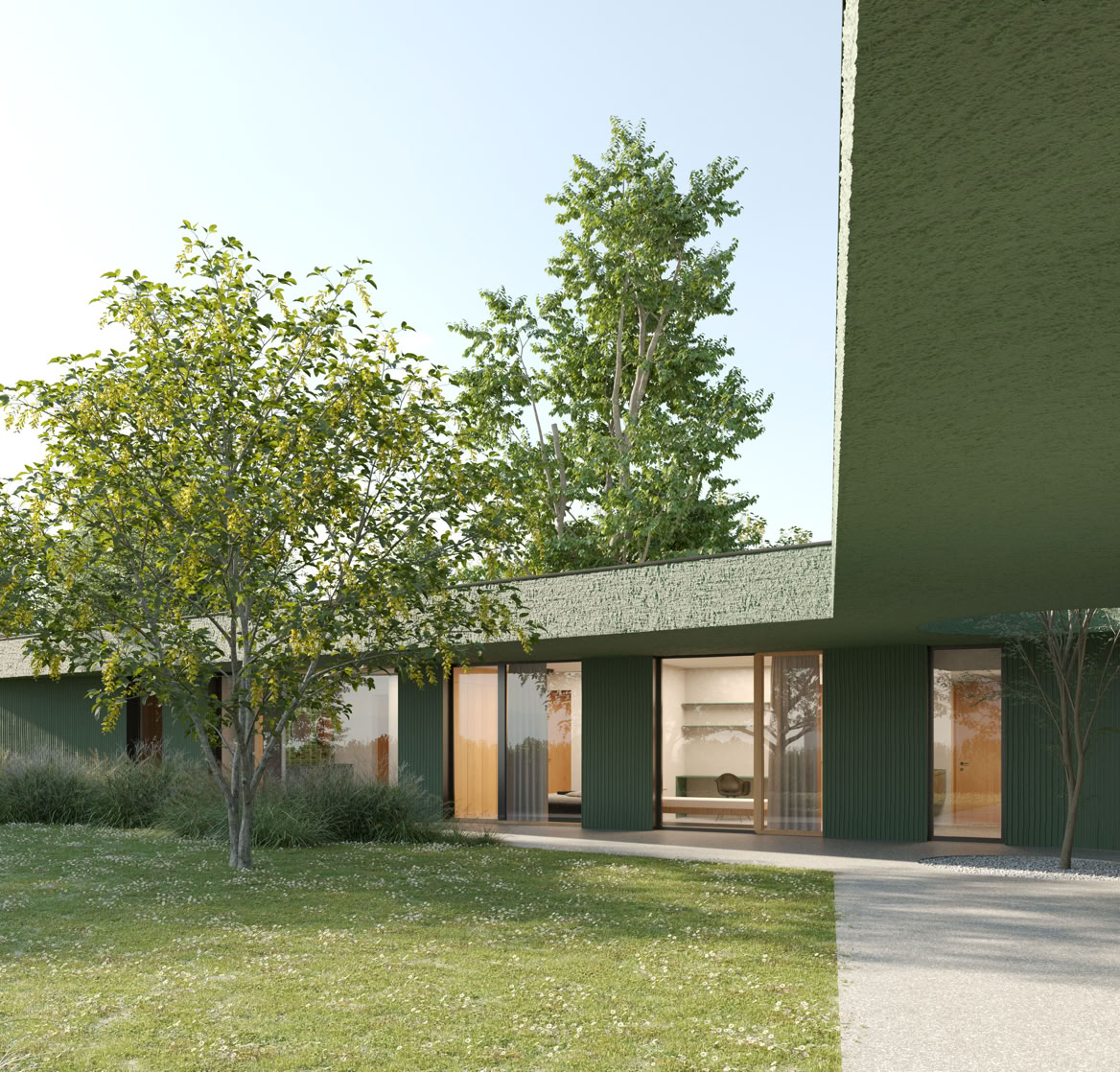 Exterior view of the villa’s portico in Selvazzano, featuring linear geometries and essential volumes integrated into the landscape.