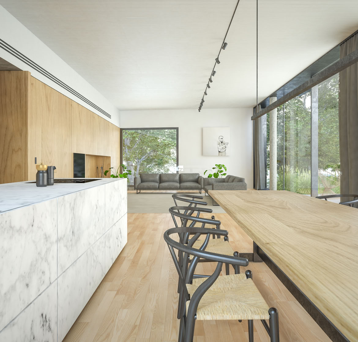 Living contemporaneo con parete attrezzata in legno: spazi caldi e luminosi che si aprono verso il terrazzo.