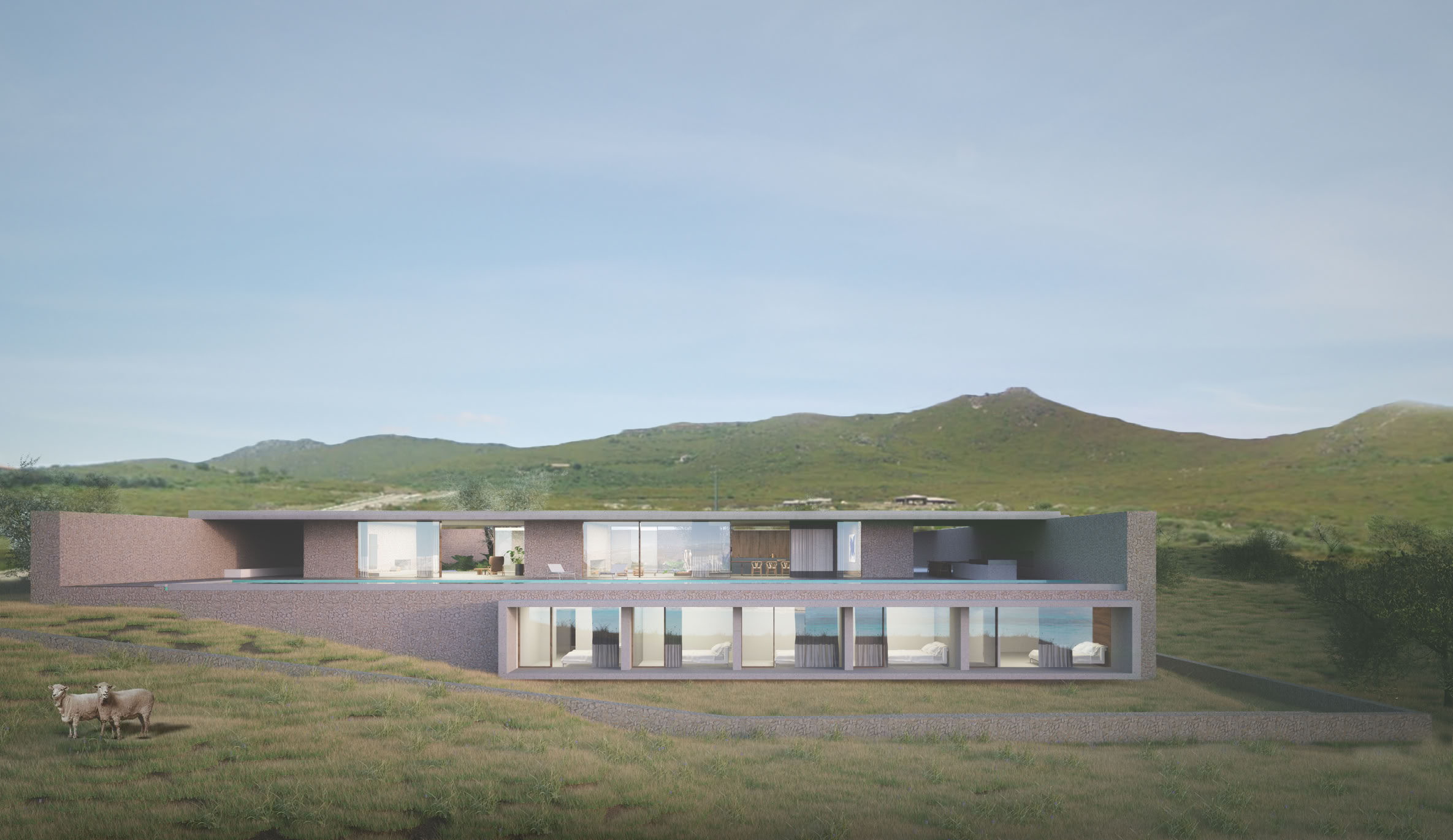 Prospettiva esterna che mostra l’integrazione della villa nella collina e nella vegetazione naturale di Golfo Aranci.