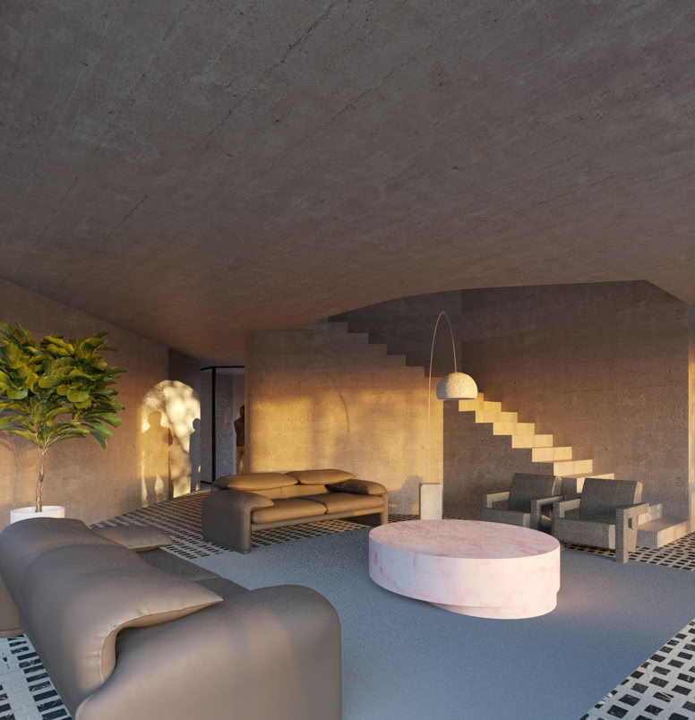 Prospettiva esterna con rivestimenti naturali e grandi aperture vetrate, espressione di un design elegante e sostenibile.