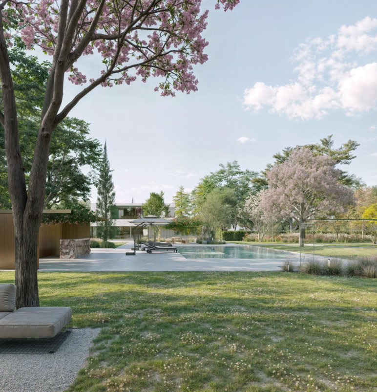 Private garden view, where Mediterranean vegetation frames the villa, balancing contemporary architecture with the natural surroundings.