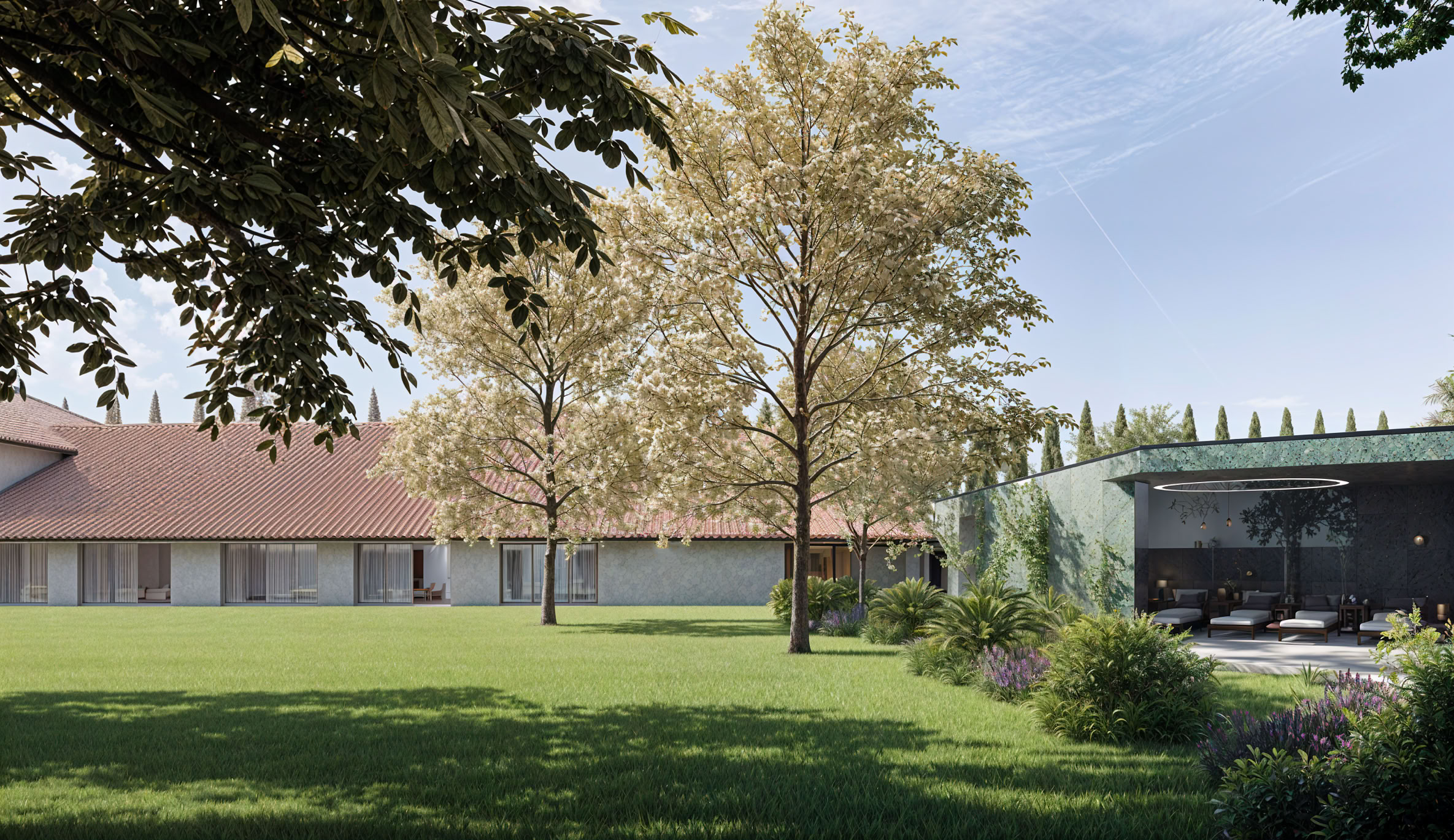 Veduta generale del resort di lusso nella campagna padovana, dove i volumi storici ottocenteschi si integrano armonicamente con i nuovi interventi contemporanei.