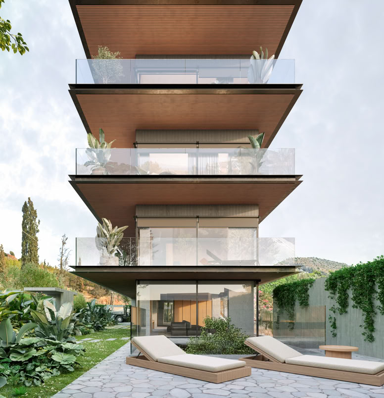 Vista laterale della residenza contemporanea su 5 piani ad Atene, dalla zona solarium al piano terra.
