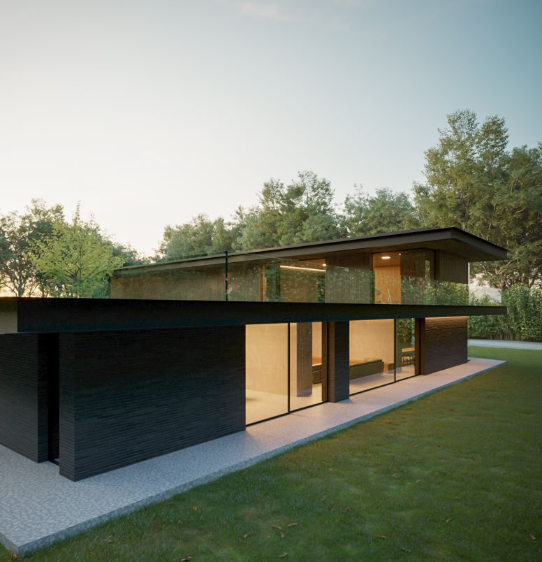 Prospettiva esterna con rivestimenti naturali e grandi aperture vetrate, espressione di un design elegante e sostenibile.