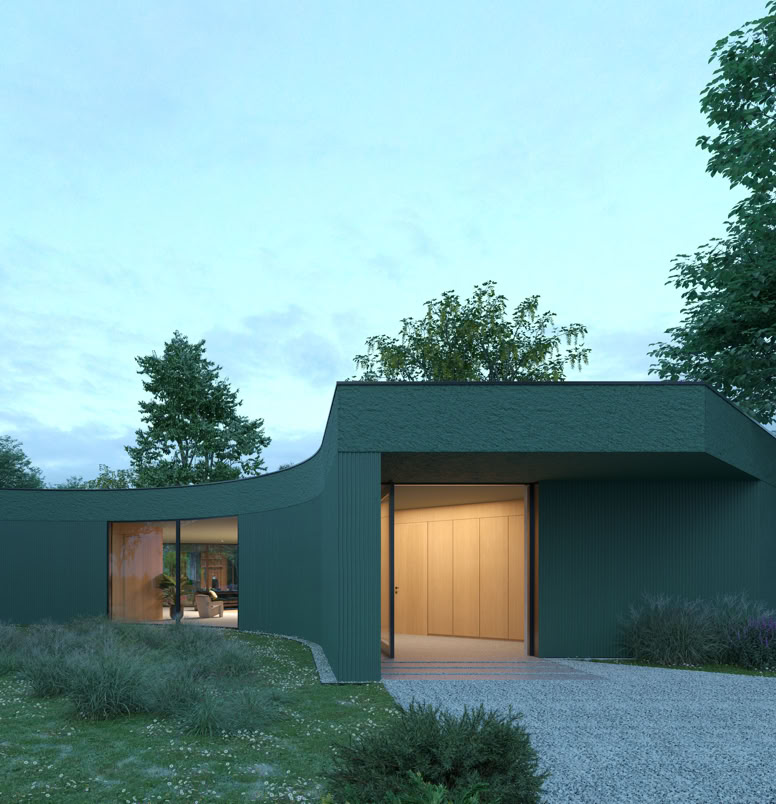 Vista esterna della villa a Selvazzano progettata da MIDE architetti immersa nel verde e disegnata con geometrie pulite che regalano la privacy all'abitazione.