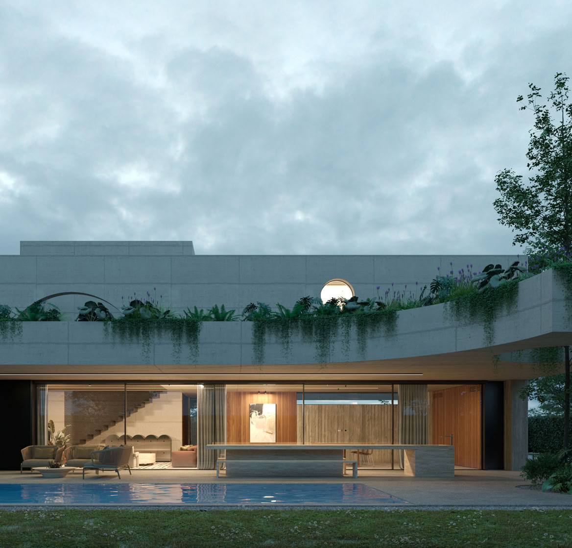 Three-level concrete residence with bright open spaces, iconic design pieces, and pool. Contemporary project by MIDE Architetti.
