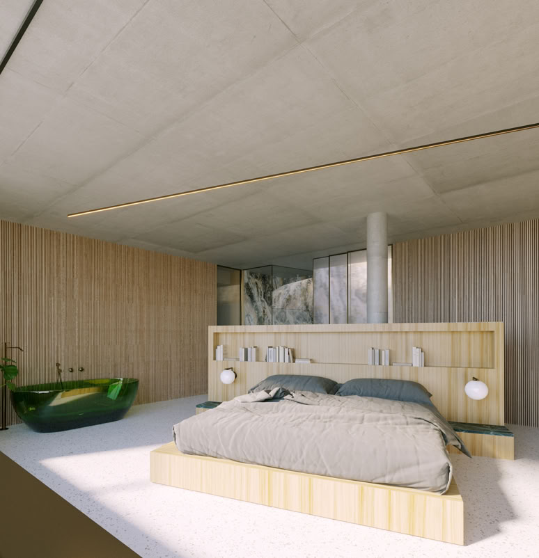 Intimate sleeping area, designed as a relaxing retreat with soft lighting and warm tones for the villa in Forte dei Marmi.