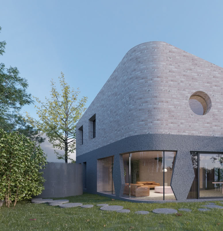 Facciata con ampie vetrate a tutta altezza che garantiscono luminosità naturale e continuità visiva con il paesaggio circostante.
