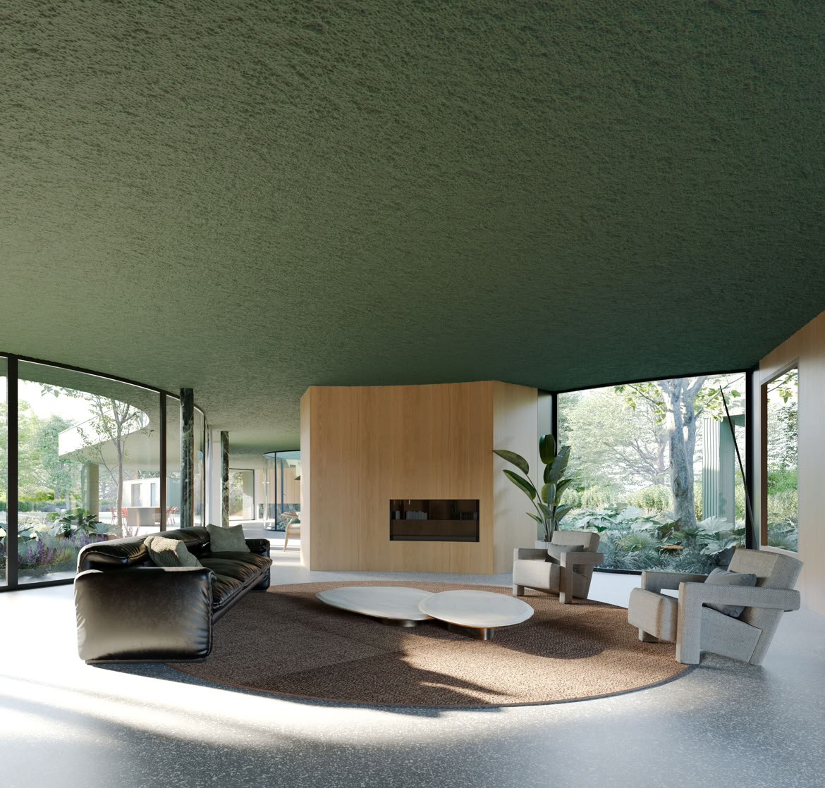 Vista interna della zona giorno della villa a Selvazzano progettata da MIDE architetti immersa nel verde e disegnata con geometrie pulite che regalano la privacy all'abitazione.