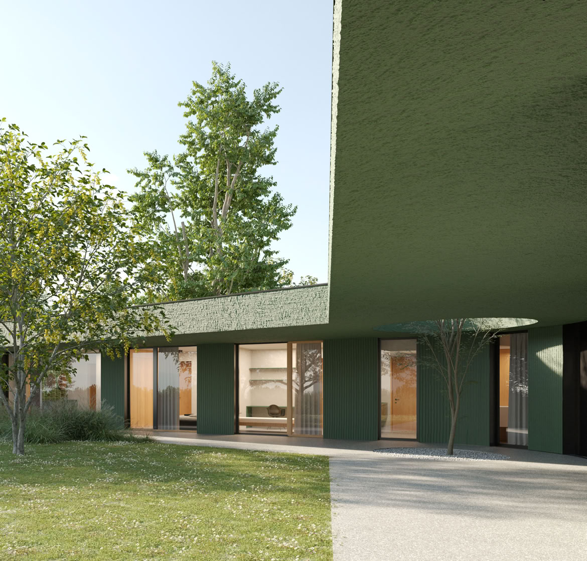 Vista esterna del portico della villa a Selvazzano progettata da MIDE architetti immersa nel verde e disegnata con geometrie lineari e volumi essenziali alla residenza.
