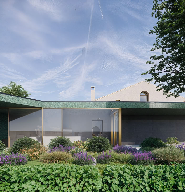 Il grande parco esterno con piscina a sfioro, percorsi pedonali e spazi verdi, pensato per valorizzare il contesto naturale e offrire un’esperienza di relax immersiva.