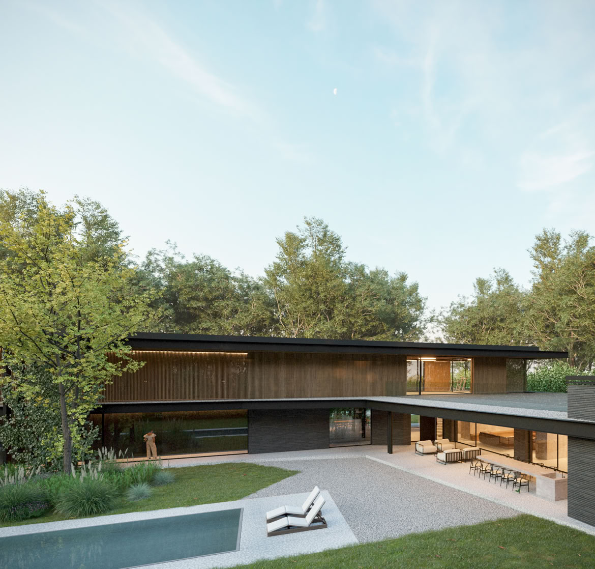 Spazio coperto che prolunga la zona living verso il giardino e la piscina.