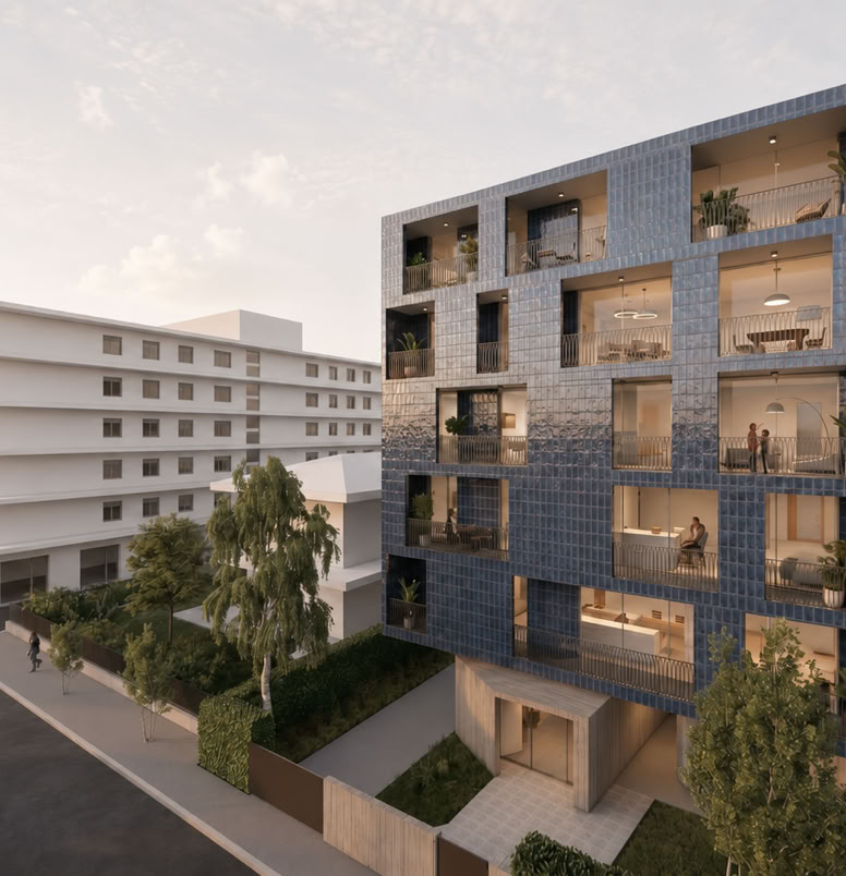 Nuovo condominio a Jesolo progettato da MIDE architetti: cinque abitazioni, facciata in ceramica blu, geometrie contemporanee e vista sul mare.