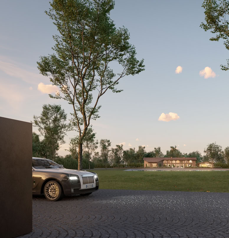 Prospetto della villa immersa nelle campagne venete, con materiali raffinati e una linea contemporanea.