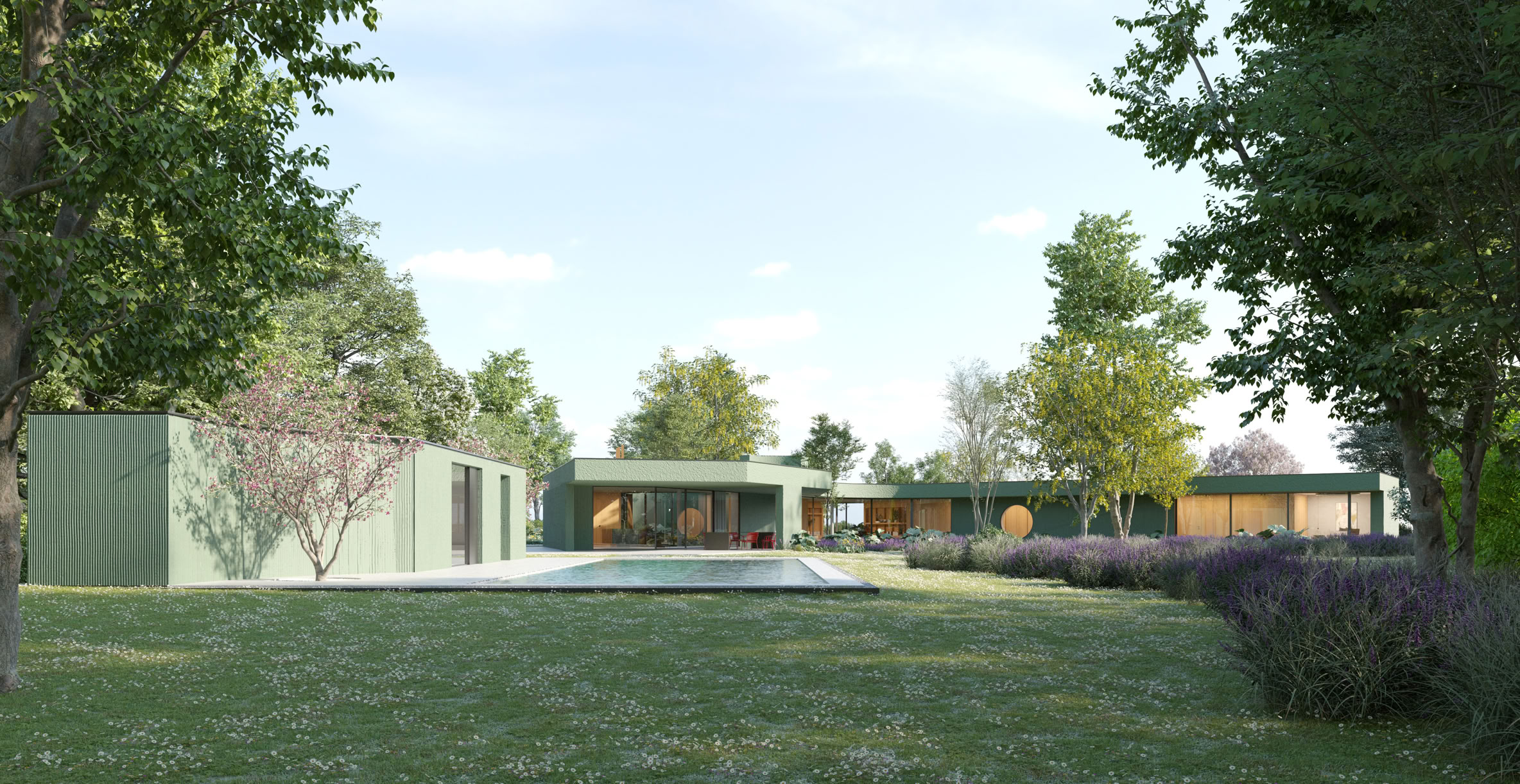 Exterior view of the villa’s portico in Selvazzano, featuring linear geometries and essential volumes integrated into the landscape.