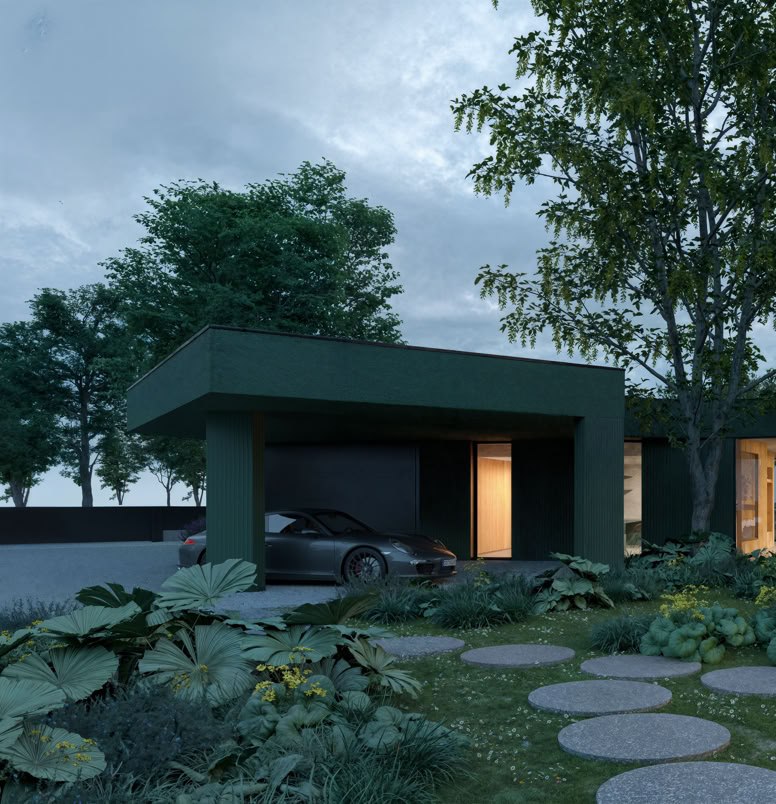 Vista esterna della villa a Selvazzano progettata da MIDE architetti immersa nel verde e disegnata con geometrie pulite che regalano la privacy all'abitazione.