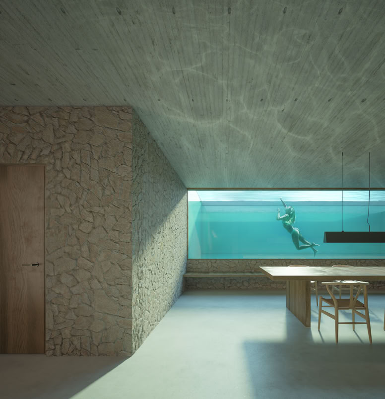 Piano interrato con camere da letto, cantina e zona relax con affaccio sulla piscina privata.