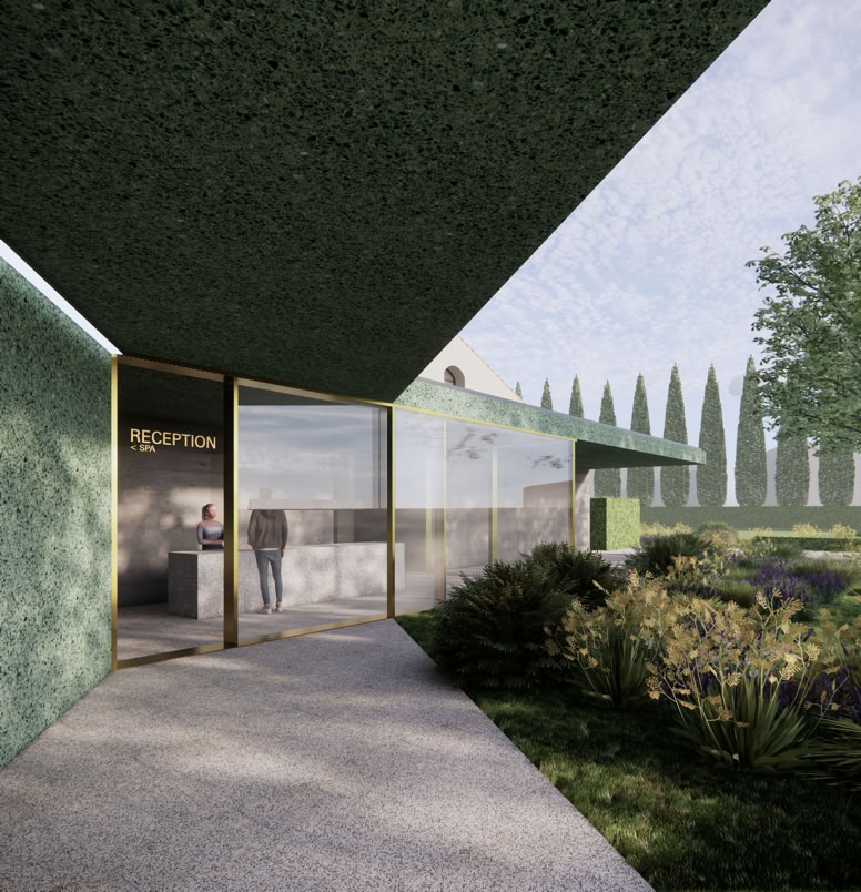 L’ingresso del resort, caratterizzato da linee pulite e materiali naturali, accoglie gli ospiti con un collegamento armonico tra architettura storica e nuovi interventi contemporanei.