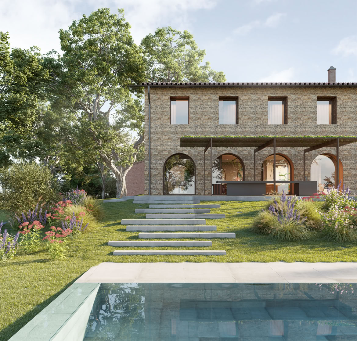 Vista esterna della villa su due livelli con archi a piano terra e giardino privato. Un'ampia piscina a sfioro com vista panoramica completa la ristrutturazione.