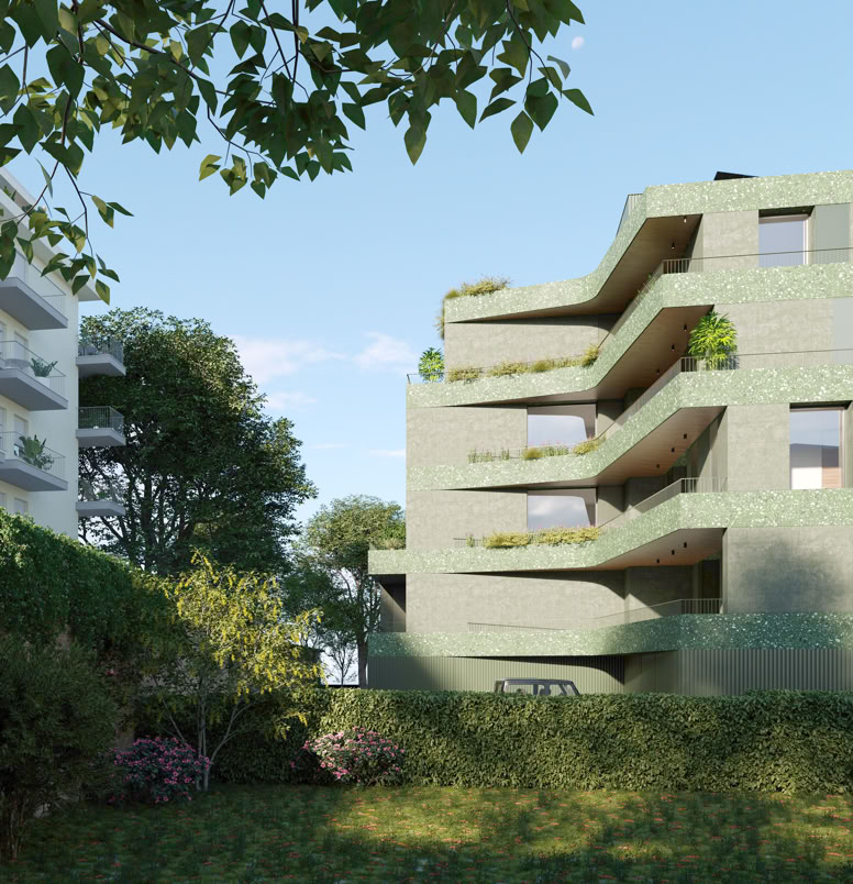 Vista esterna del nuovo edificio residenziale a Treviso vicino al fiume Sile, con facciata contemporanea e terrazzi privati.